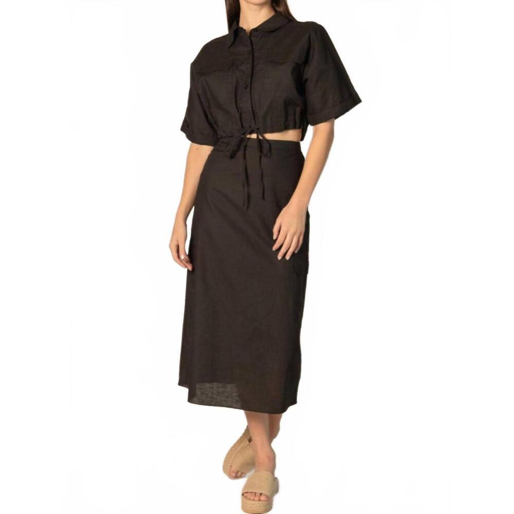 NEW BEFORE YOU COLLECTION brynlee linen blend cargo midi skirt in black